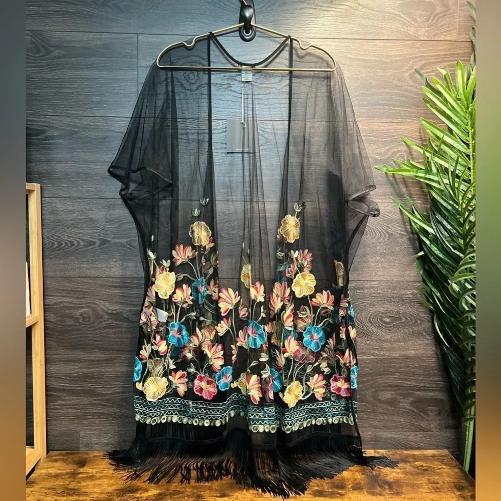 Haute Hippie Black Mesh Floral Embroidered Fringe Boho, Festival Kimono, OS, NWT